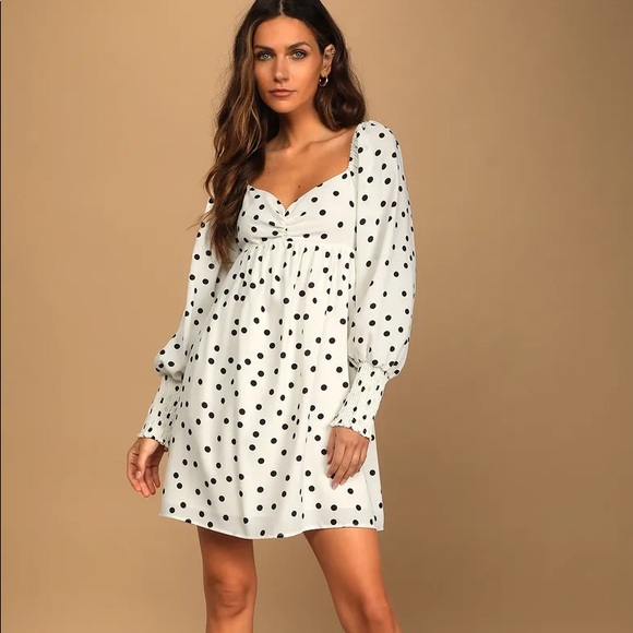 NWOT Lulus Meet Me At Our Spot White Polka Dot Long Sleeve Mini Dress Small - Picture 3 of 13